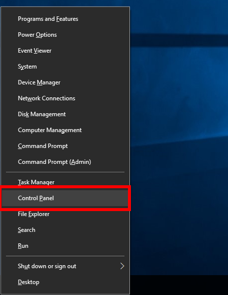 Windows 10 win+x menu control panel