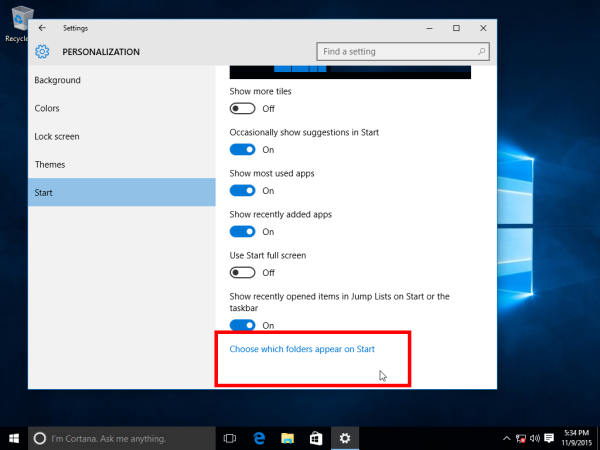 windows 10 change folders start menu