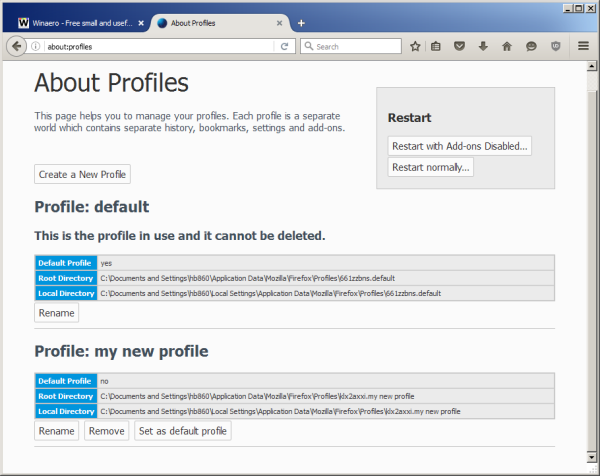 Firefox 45 profile manager