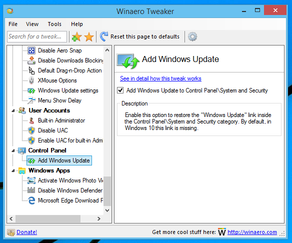 Winaero Tweaker add windows update