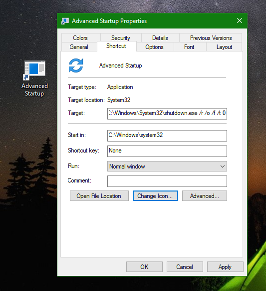 Windows 10 advanced startup options shortcut icon