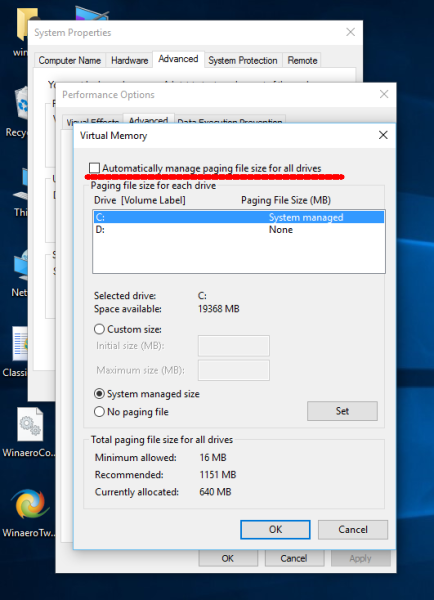 Windows 10 disable automatic pagefile