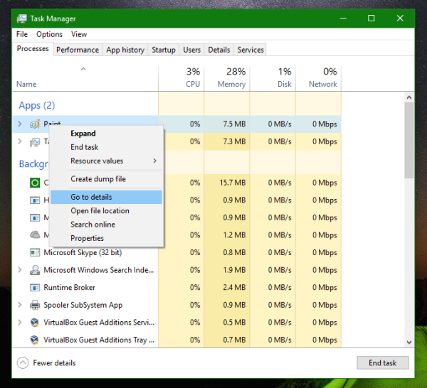 Windows 10 paint in task manager