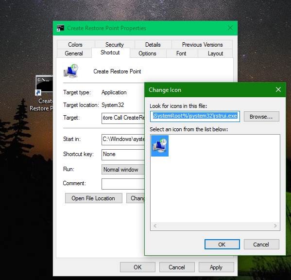 Windows 10 restore point shortcut icon