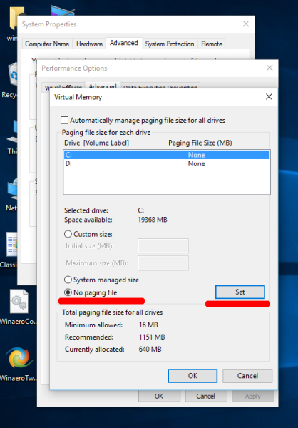 Windows 10 sys drive page file disable