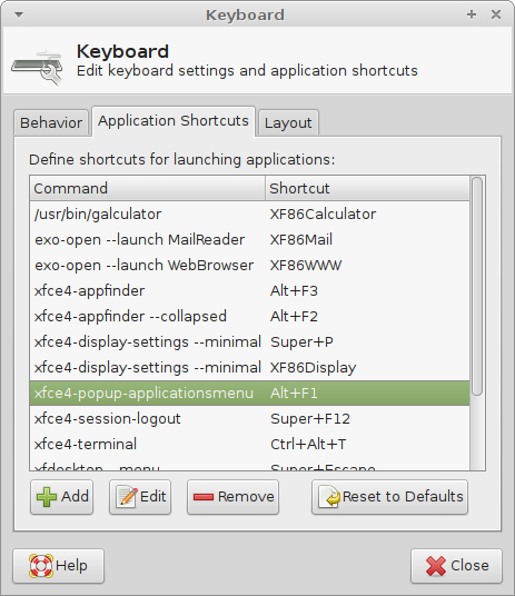 xfce menu keyboard apps shortcuts