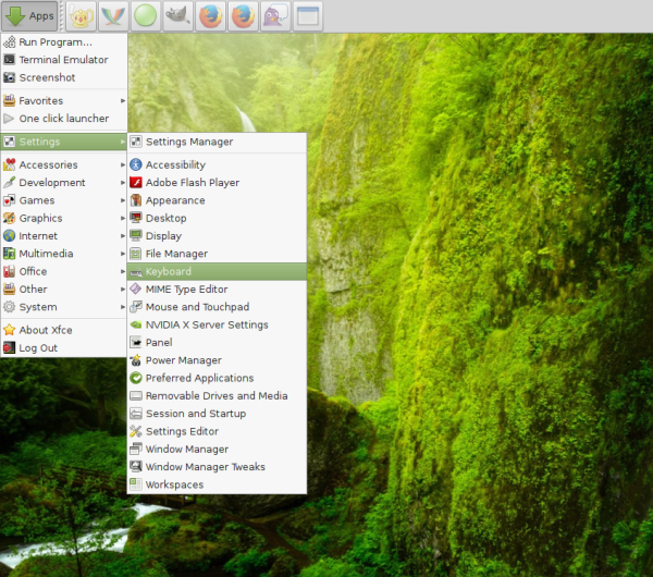 xfce menu settings keyboard