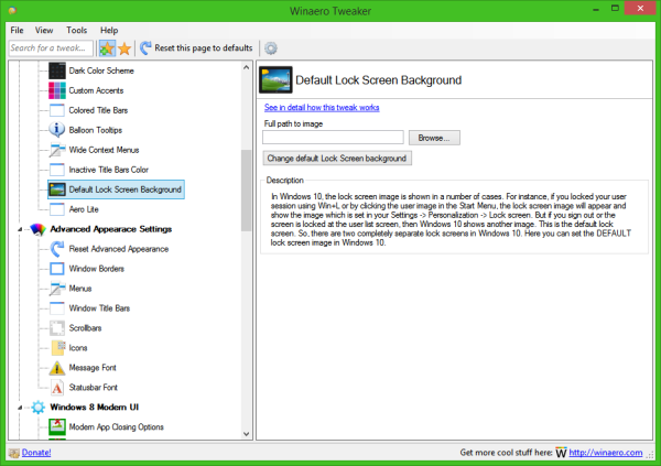 Winaero Tweaker default lock screen