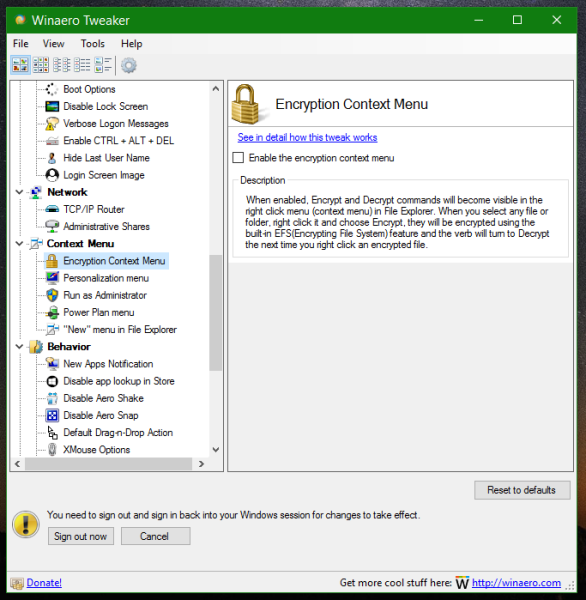 Winaero Tweaker efs context menu