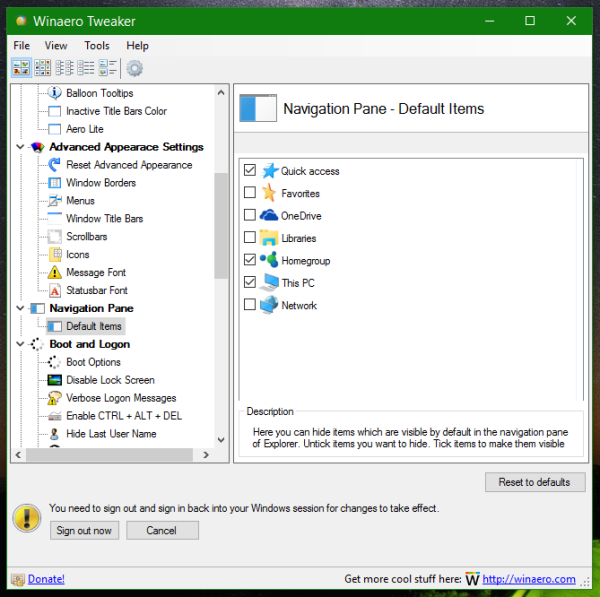 Winaero Tweaker navigation pane