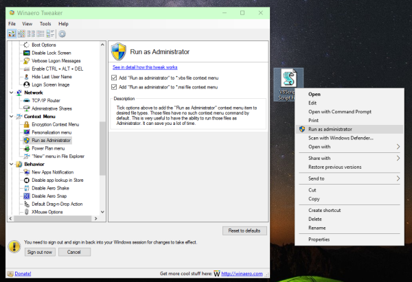 Winaero Tweaker runas context menu