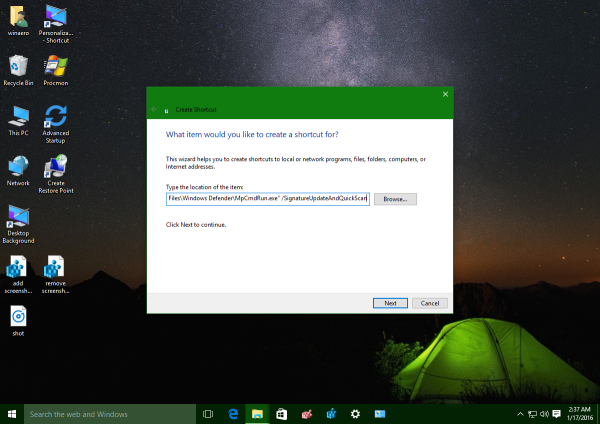 Windows 10 Defender update and quick scan