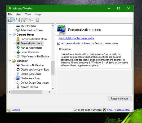 Windows 10 Winaero Tweaker personalization