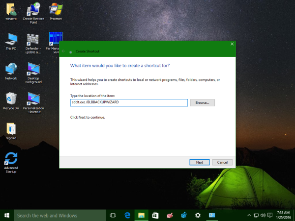 Windows 10 create sdclt shortcut
