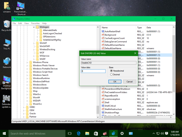 Windows 10 enable control alt del