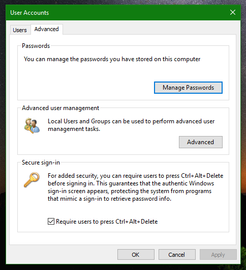 Windows 10 enable ctrl alt del control panel