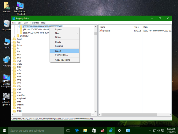 Windows 10 export registry key