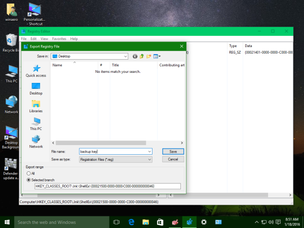 Windows 10 export registry key name
