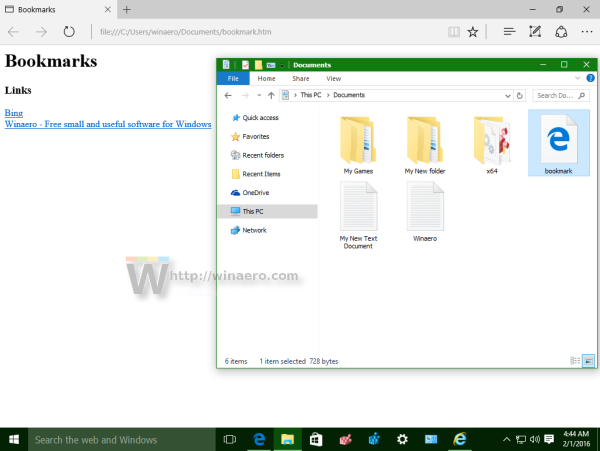 Windows 10 Favorites bookmarks file opened