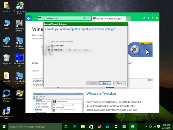 Windows 10 Internet Explorer Export to a file