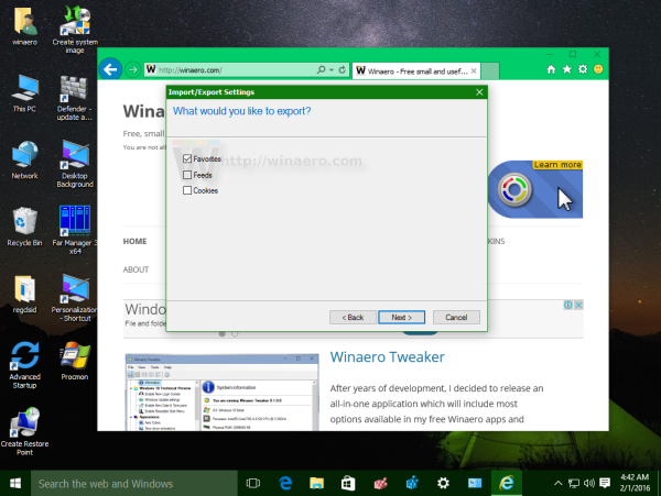Windows 10 Internet Explorer Export to a file Favorites