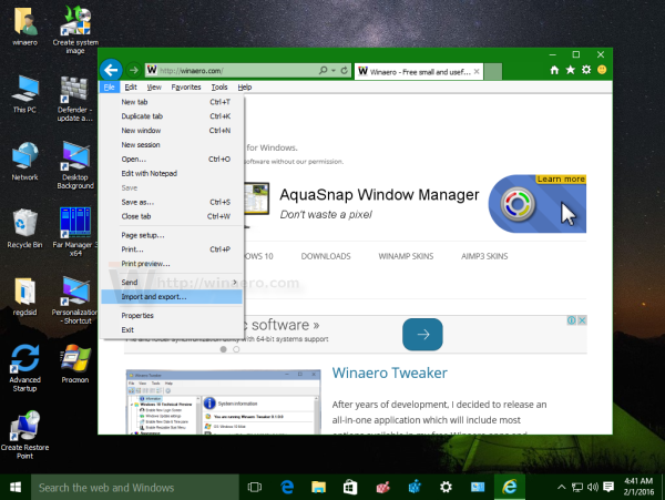 Windows 10 Internet Explorer File Import and Export