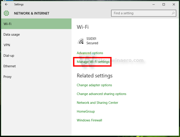 Windows 10 Manage Wi-Fi settings link