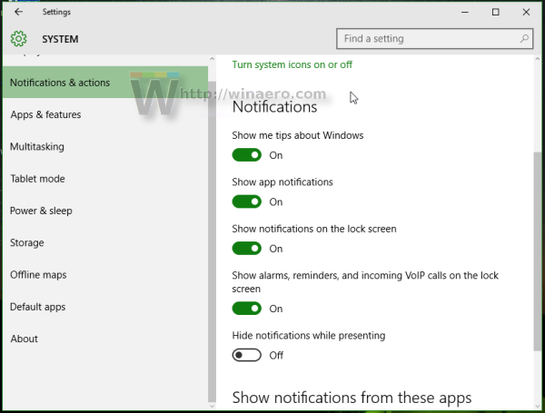 Настройки уведомлений Windows 10