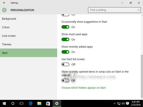 Windows 10 personalization disable recent documents