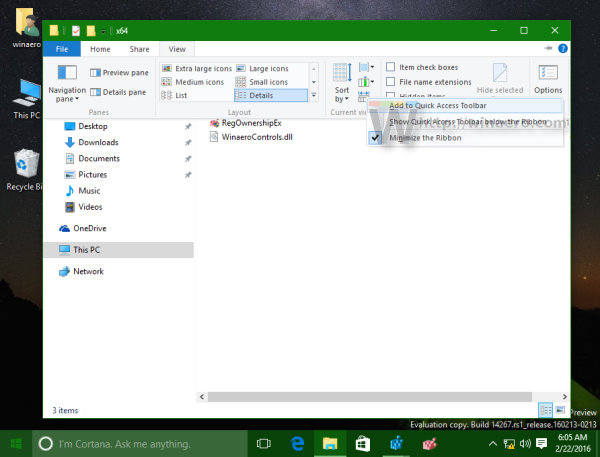 Windows 10 ribbon command to quick access