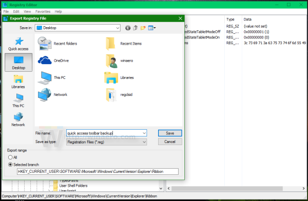 Windows 10 ribbon registry export dialog