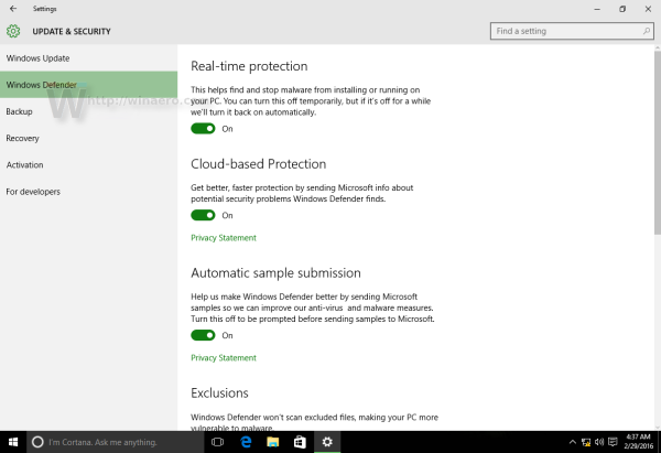 Windows 10 settings update and security windows defender