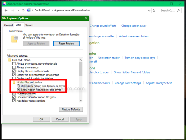 Windows 10 показывает скрытые файлы и папки