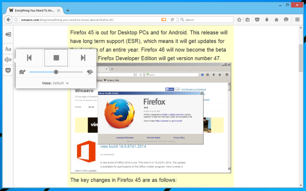 Firefox 48 reader view narrate in action