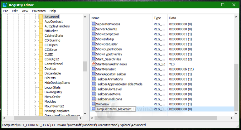 Change the number of items in jump lists in Windows 10