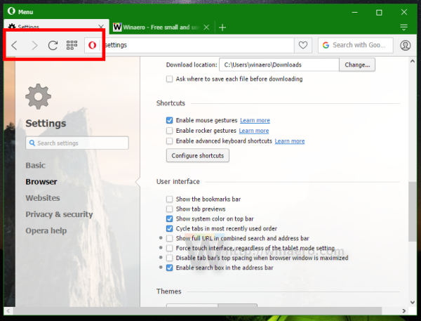 Opera 36 non-touch controls in Windows 10