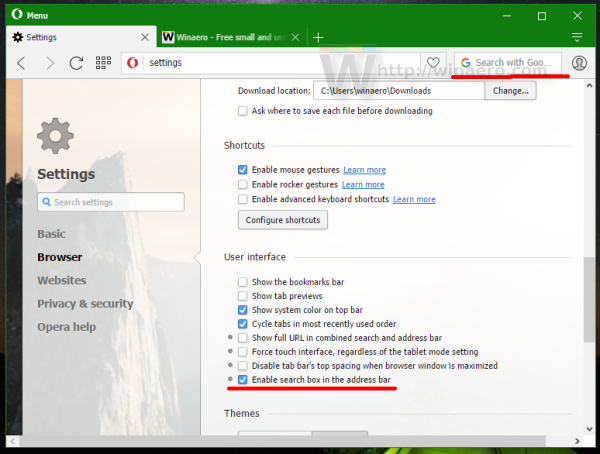 Opera 36 search box