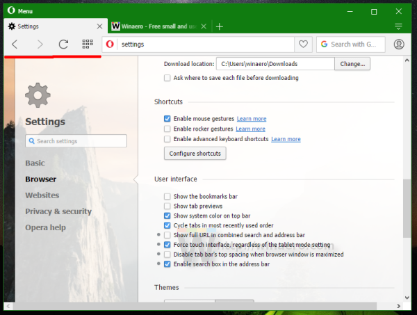 Opera 36 touch controls in Windows 10