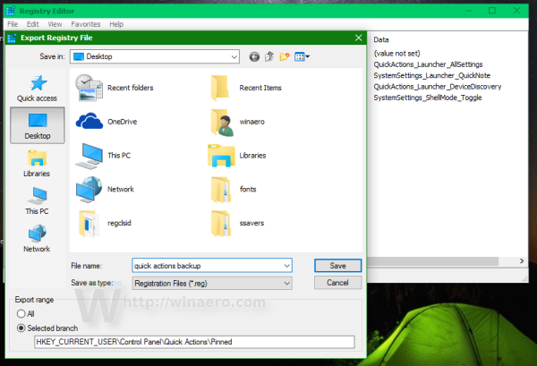 Quick Actions backup file Windows 10