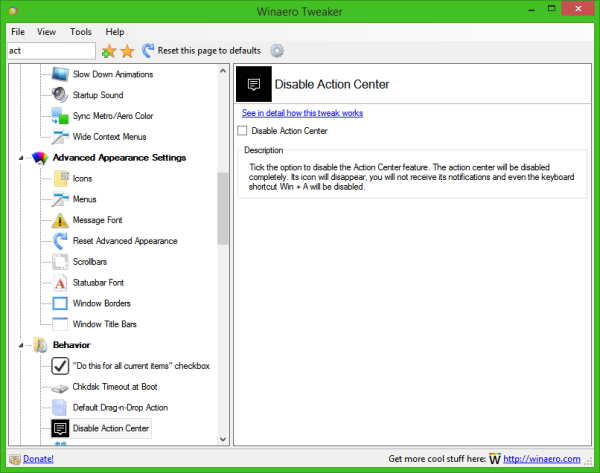 Winaero Tweaker action center