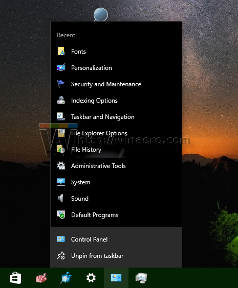 Windows 10 default jump lists