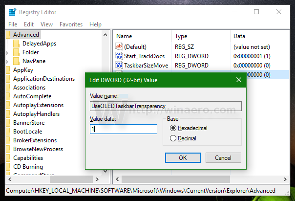 Increase taskbar transparency level in Windows 10