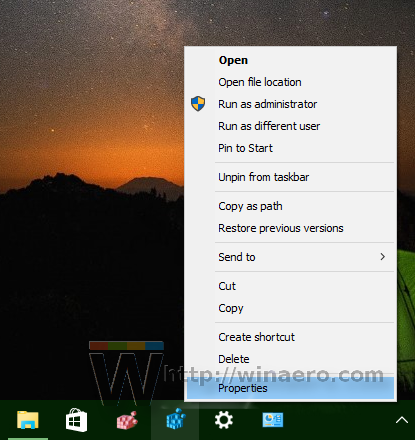 Windows 10 pinned app shortcut properties