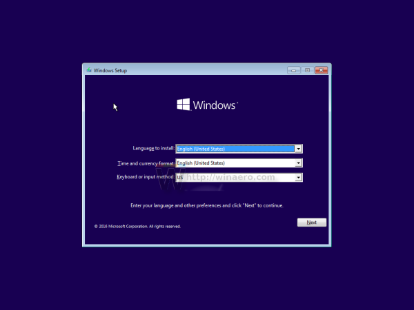 Экран установки Windows 10