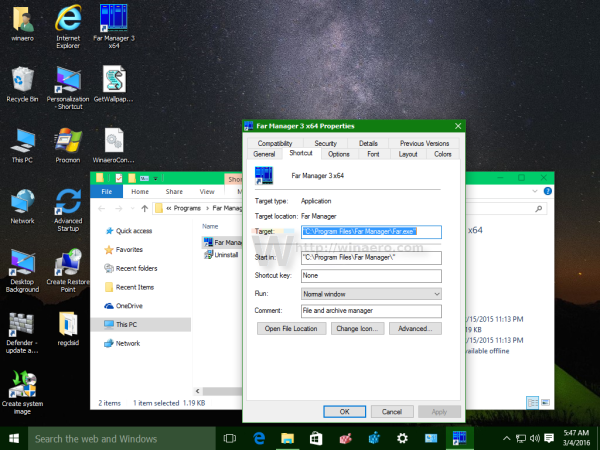 Windows 10 shortcut properties