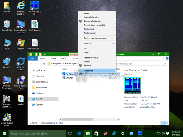 Контекстное меню свойств ярлыка Windows 10