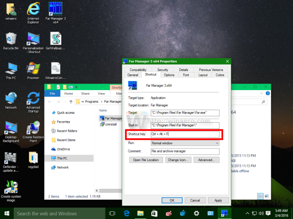 Горячая клавиша свойств ярлыка Windows 10