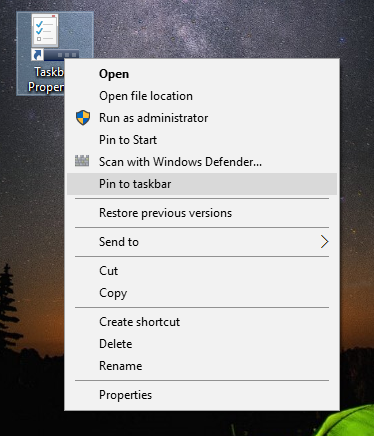 Windows 10 taskbar properties shortcut pin