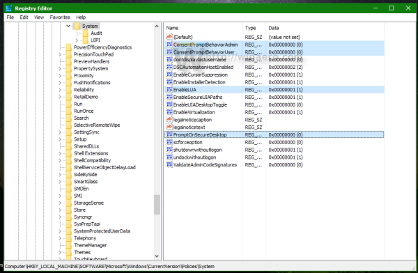 Windows 10 tweak UAC settings in registry