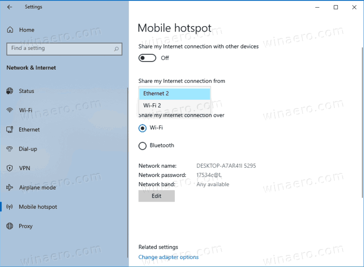 Включение мобильной точки доступа в Windows 10, шаг 1